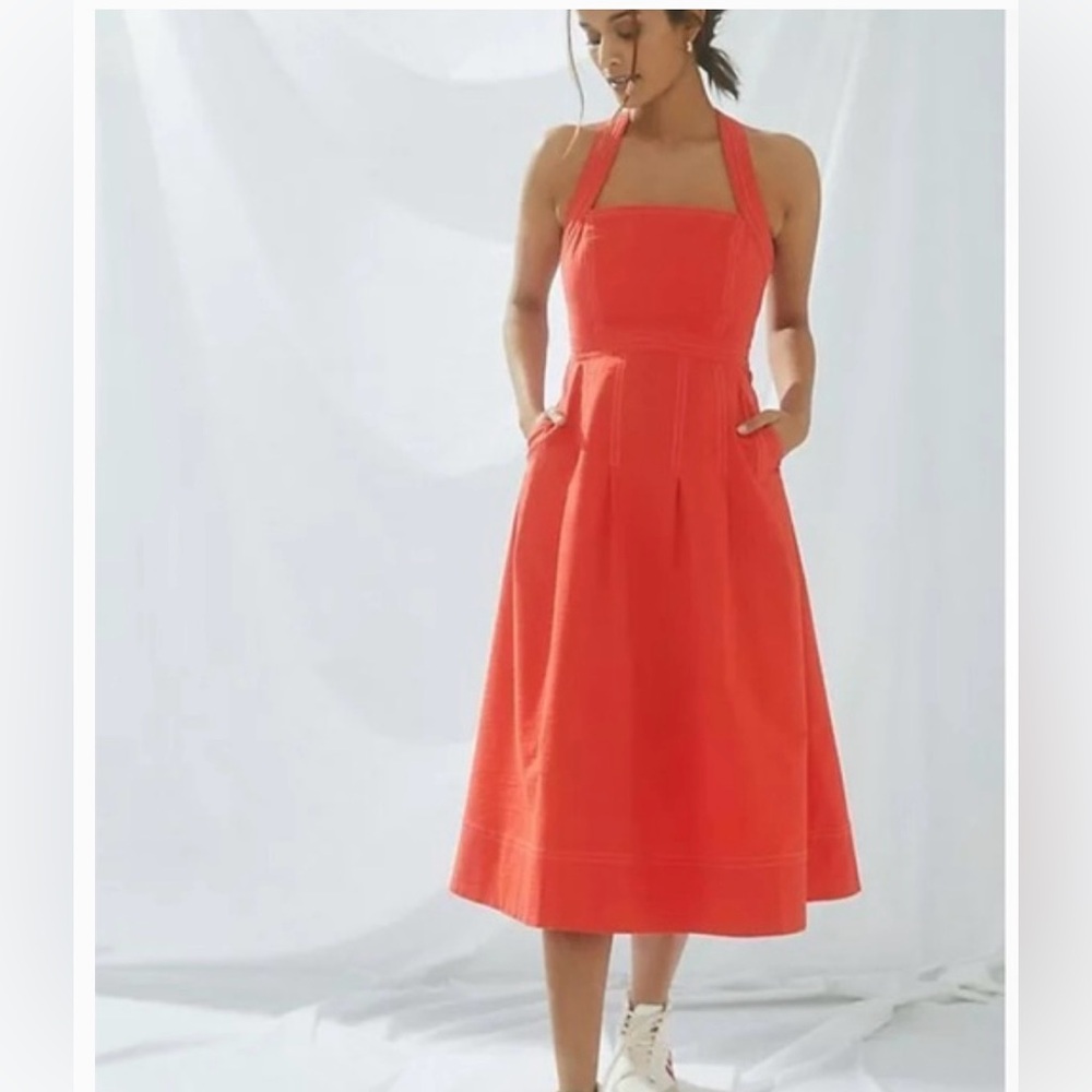 Anthropologie Maeve Coral Alessandra Cross Back Midi Dress Size 6P
